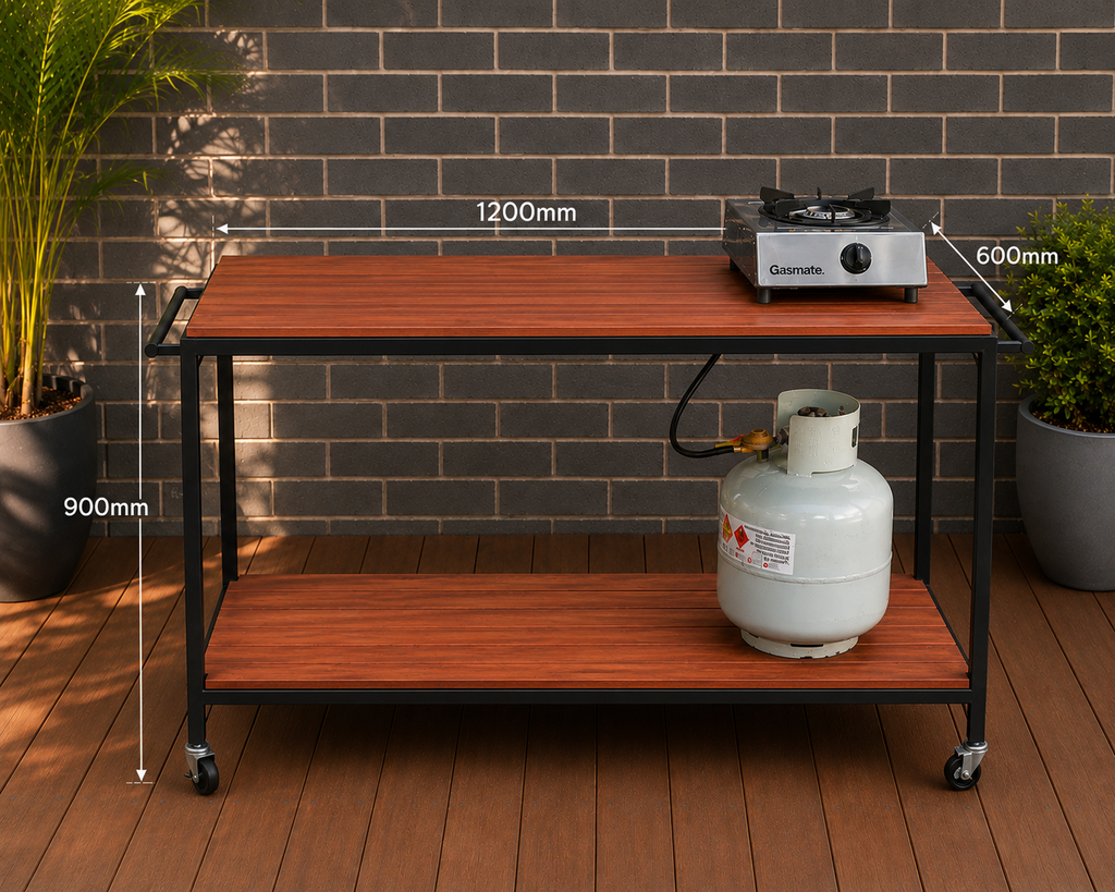 Australian Made BBQ Prep Station – Merbau Outdoor Cooking Table | Heavy Duty Steel Frame | Pickup Epping VIC