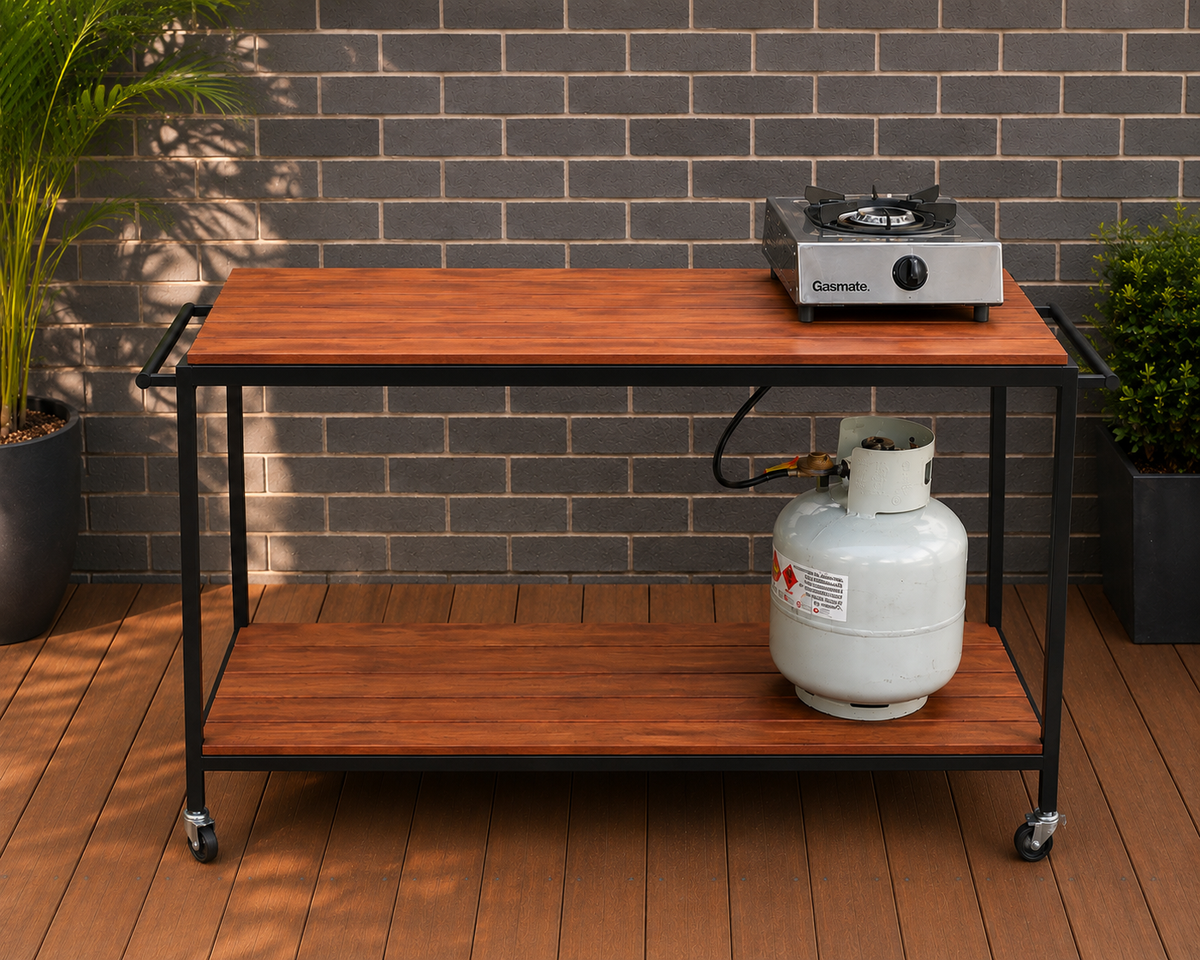 Australian Made BBQ Prep Station – Merbau Outdoor Cooking Table | Heavy Duty Steel Frame | Pickup Epping VIC